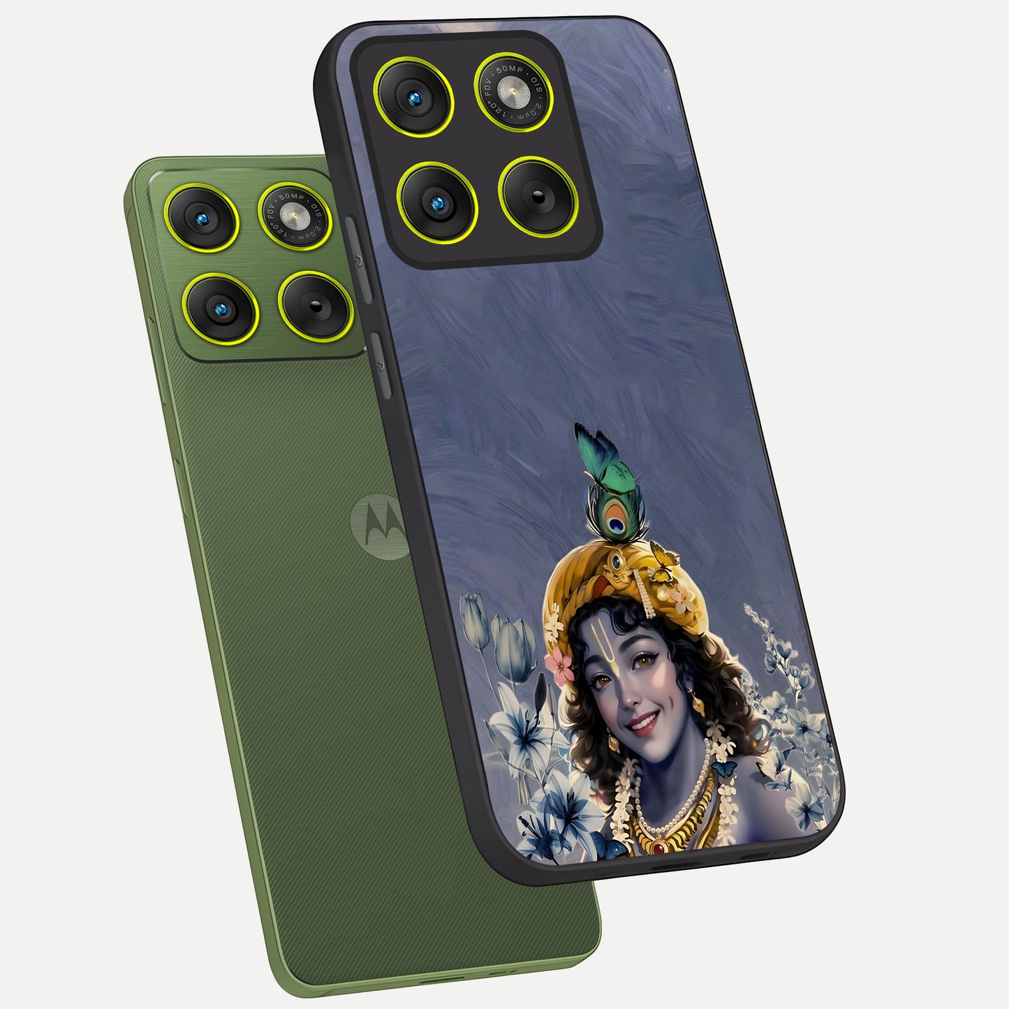  Lord Krishna phone case For Moto Edge 70 showing premium glass back cover with detailed artwork