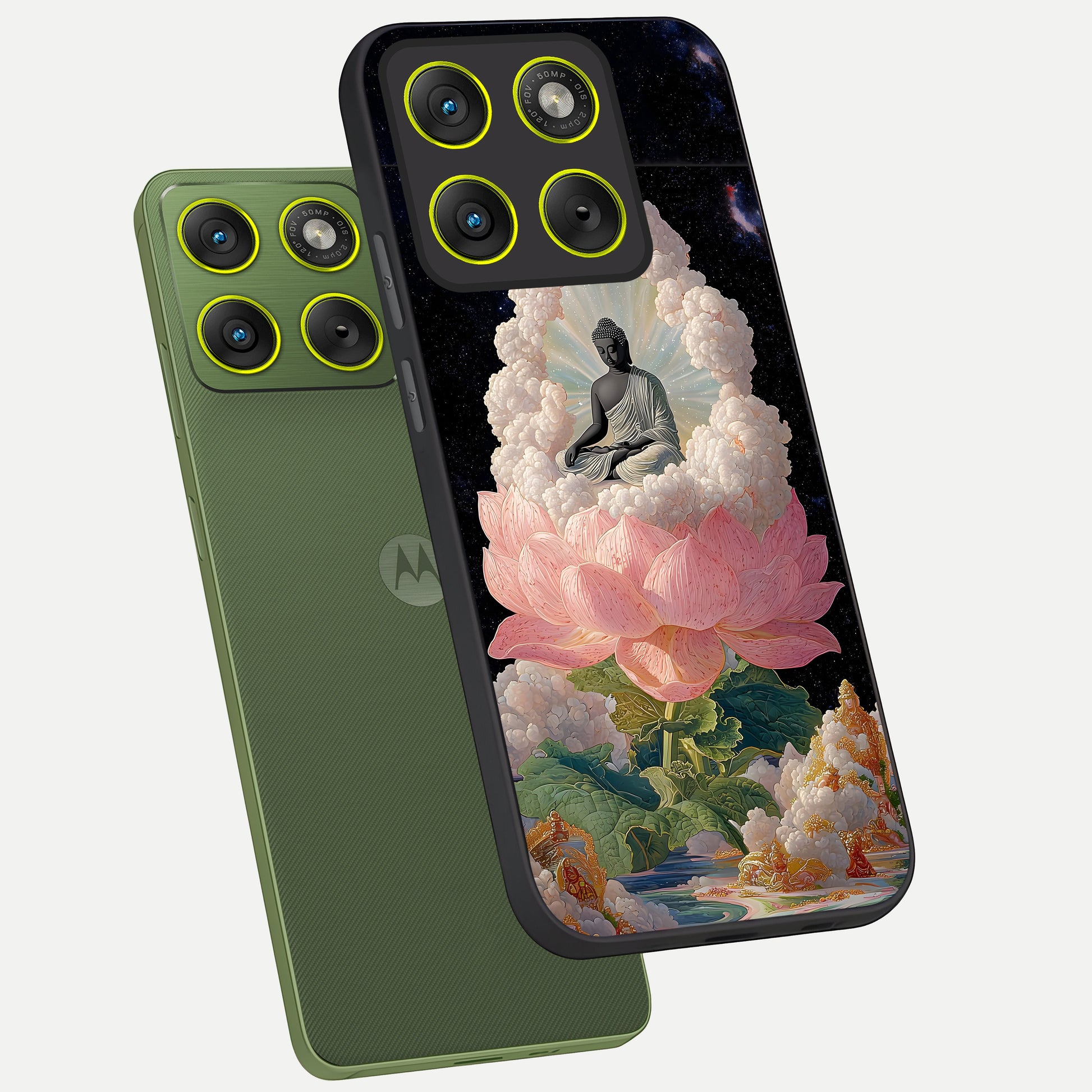  Lotus Divine Peace phone case For Moto Edge 70 showing premium glass back cover with detailed artwork