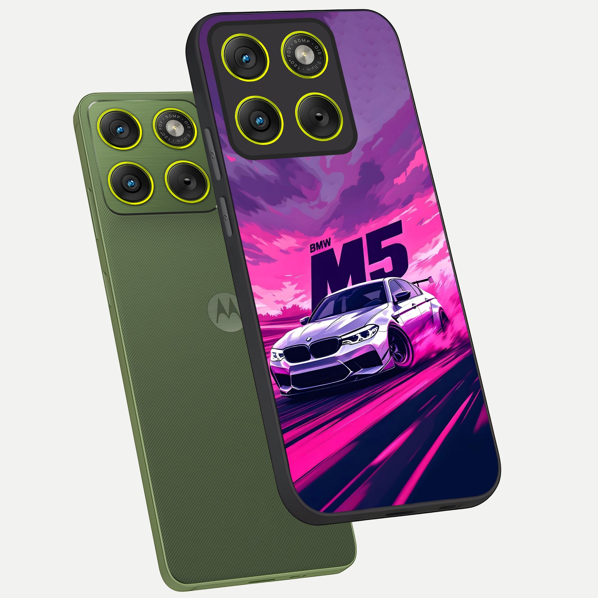  MS Neon Car phone case For Moto Edge 70 showing premium glass back cover with detailed artwork