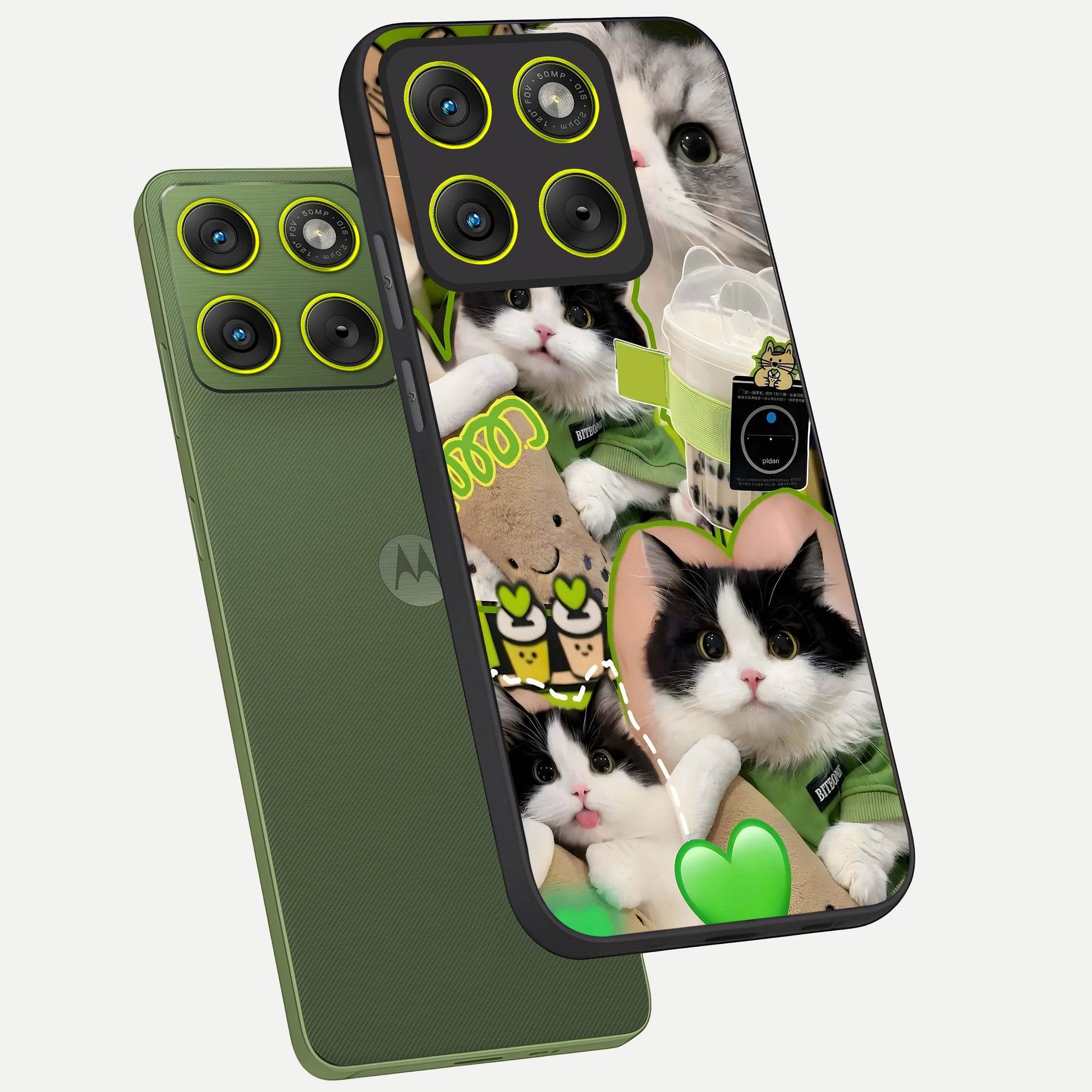  Matcha Cats Mood phone case For Moto Edge 70 showing premium glass back cover with detailed artwork