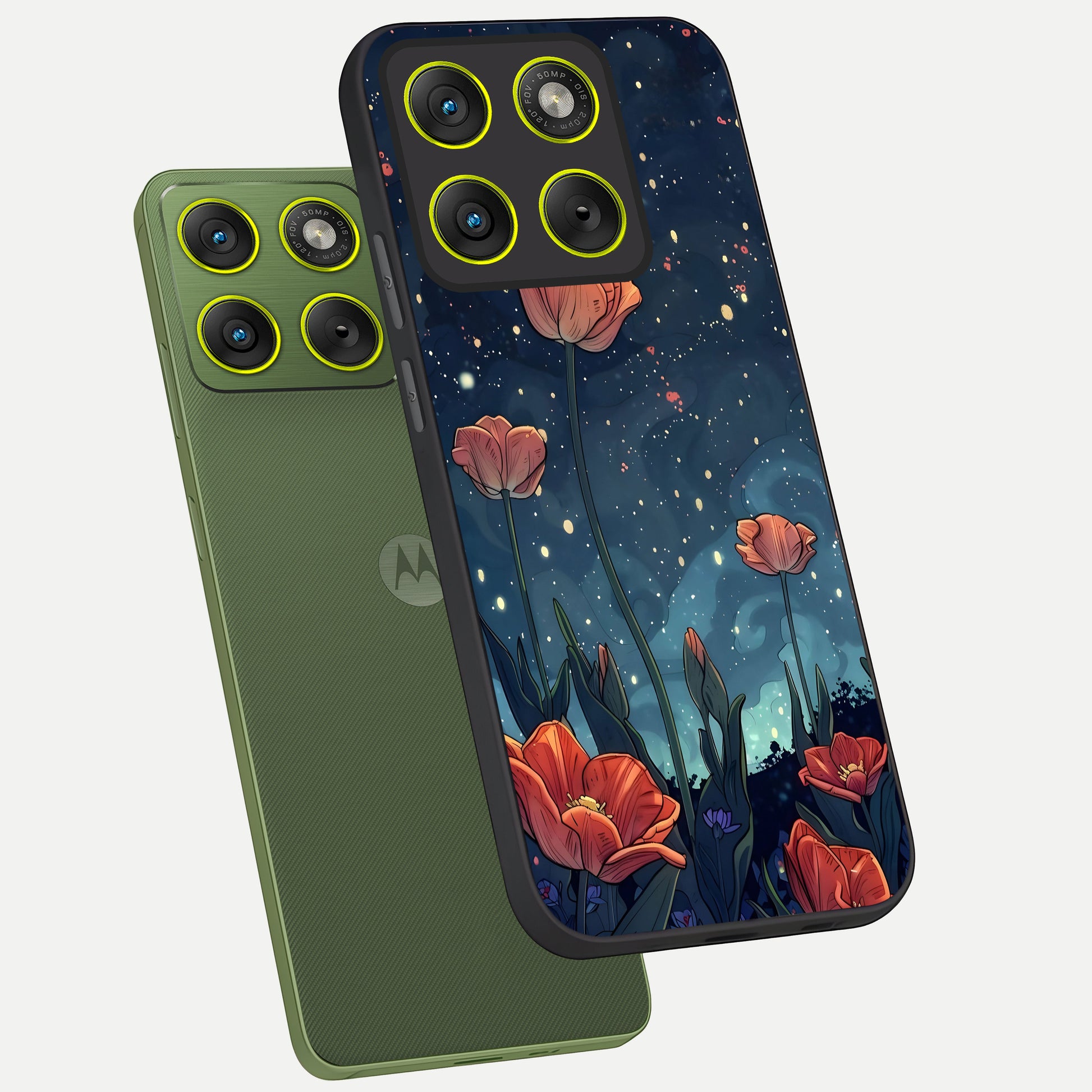  Midnight Tulip Glow phone case For Moto Edge 70 showing premium glass back cover with detailed artwork