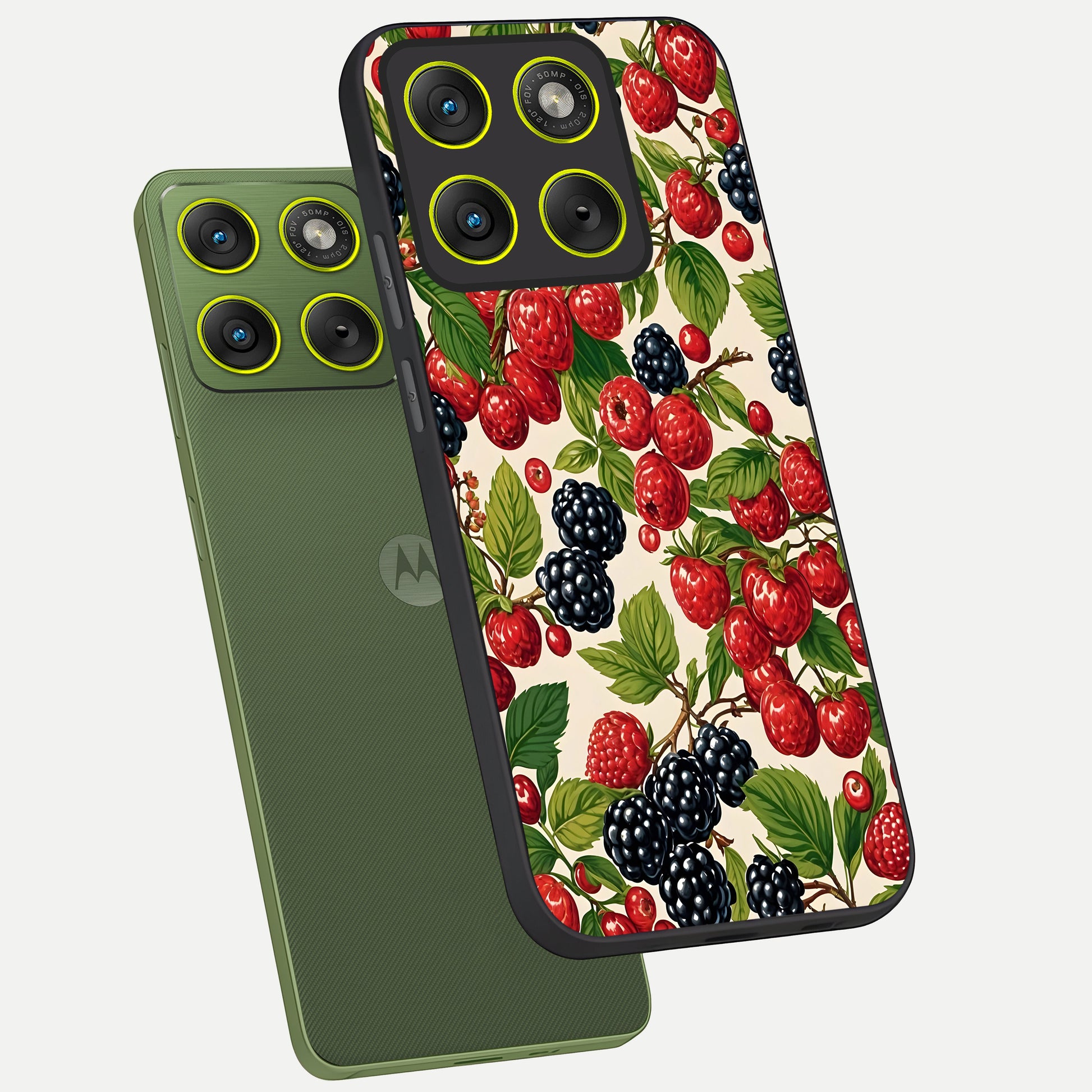  Mixed Berry Collage phone case For Moto Edge 70 showing premium glass back cover with detailed artwork