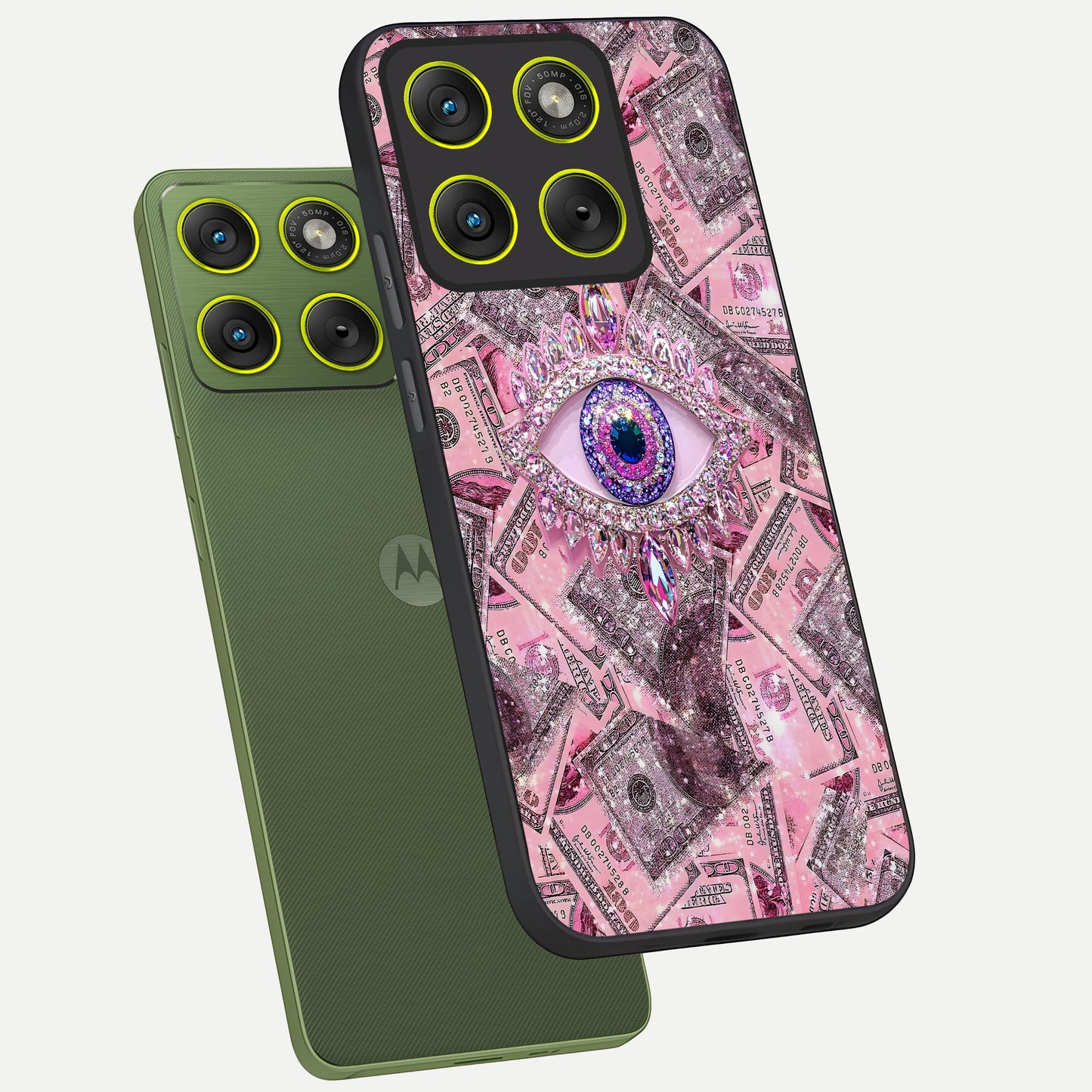  Money Eye Luxe phone case For Moto Edge 70 showing premium glass back cover with detailed artwork