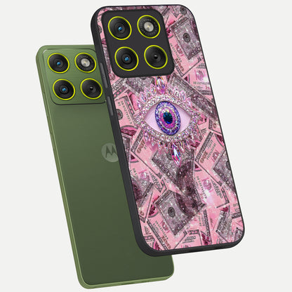  Money Eye Luxe phone case For Moto Edge 70 showing premium glass back cover with detailed artwork