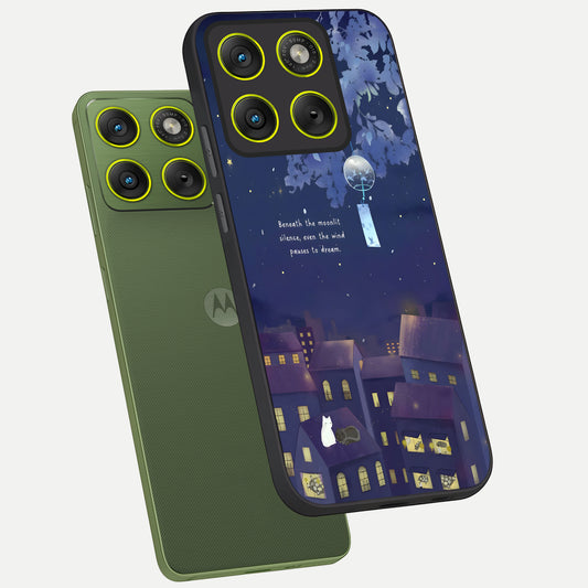  Moonlit Cat Silence phone case For Moto Edge 70 showing premium glass back cover with detailed artwork