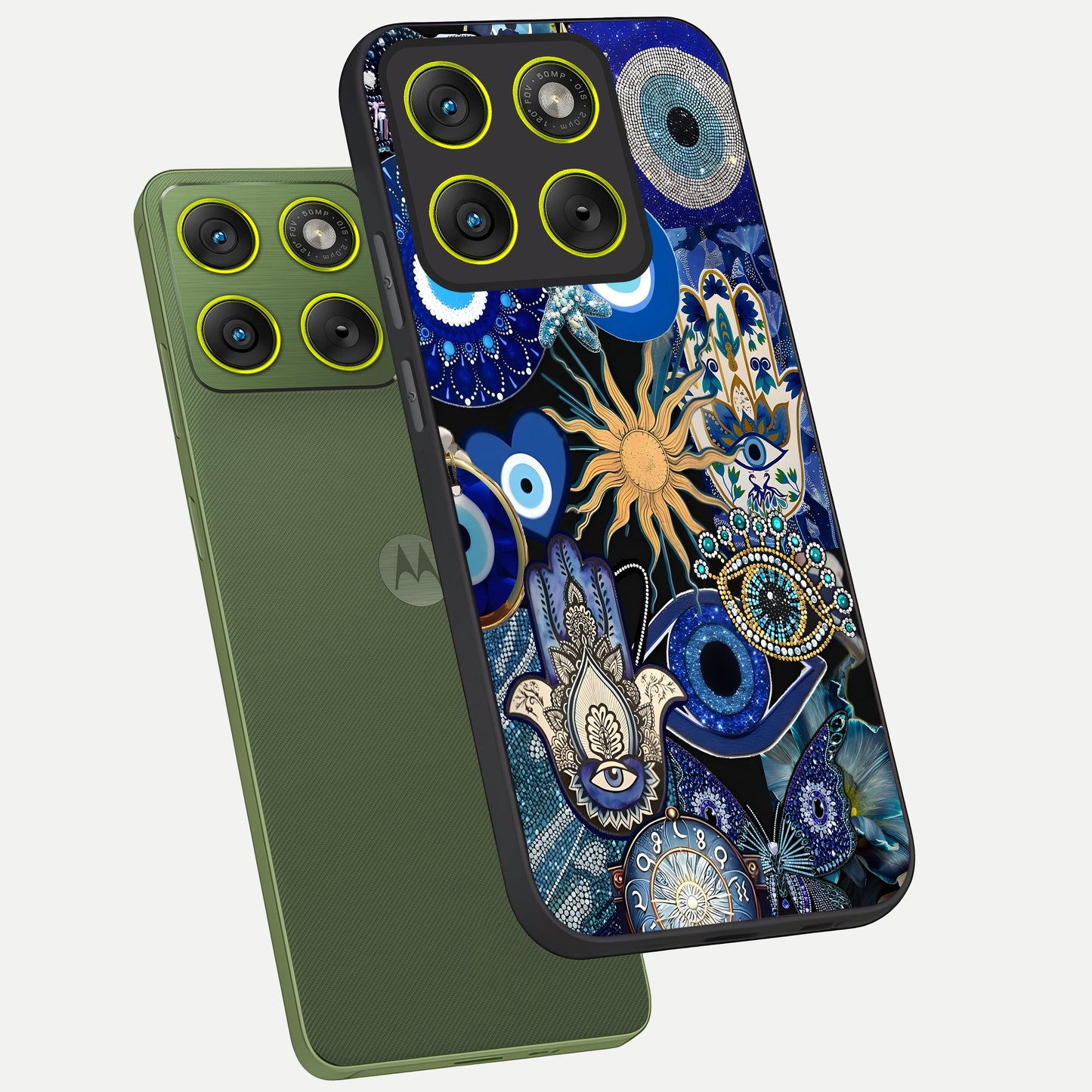  Mystic Blue Evil Eye phone case For Moto Edge 70 showing premium glass back cover with detailed artwork