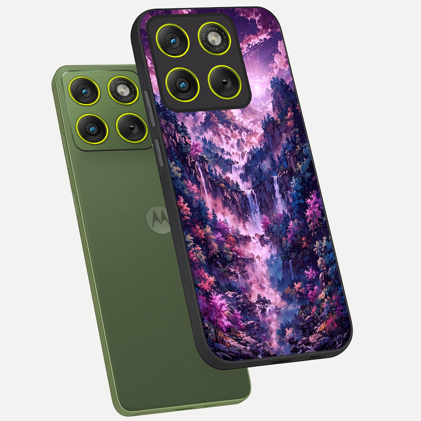  Mystic Cascade Peaks phone case For Moto Edge 70 showing premium glass back cover with detailed artwork