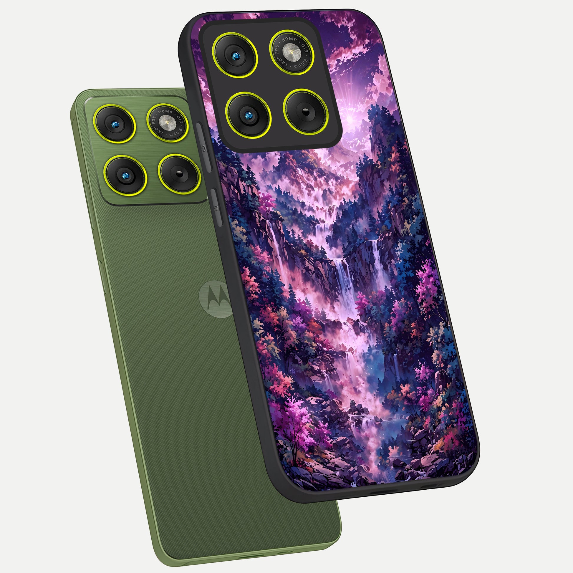  Mystic Cascade Peaks phone case For Moto Edge 70 showing premium glass back cover with detailed artwork