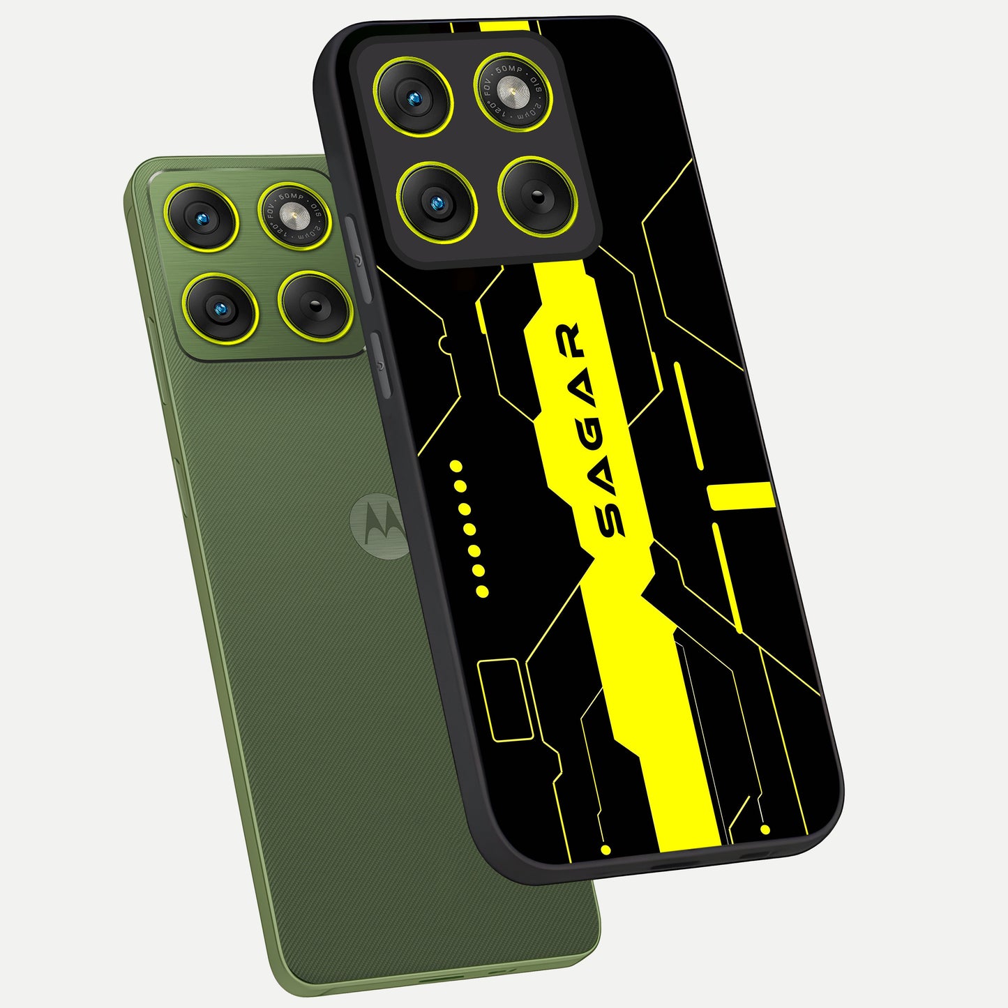  Neon CYBERPUNK Custom Name phone case For Moto Edge 70 showing premium glass back cover with detailed artwork