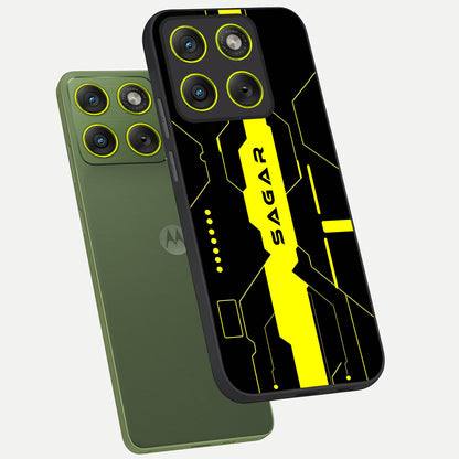  Neon CYBERPUNK Custom Name phone case For Moto Edge 70 showing premium glass back cover with detailed artwork