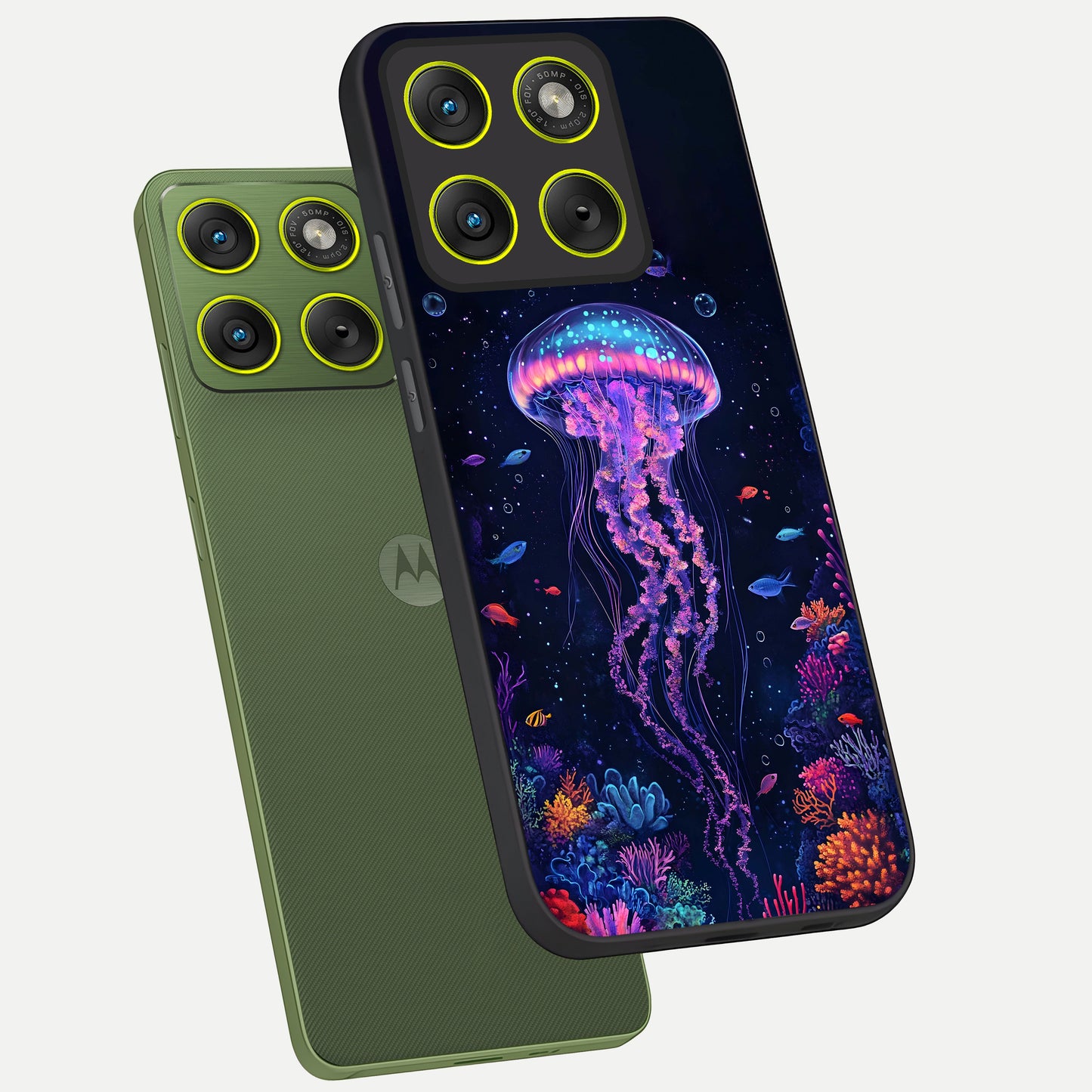  Neon Jellyfish phone case For Moto Edge 70 showing premium glass back cover with detailed artwork