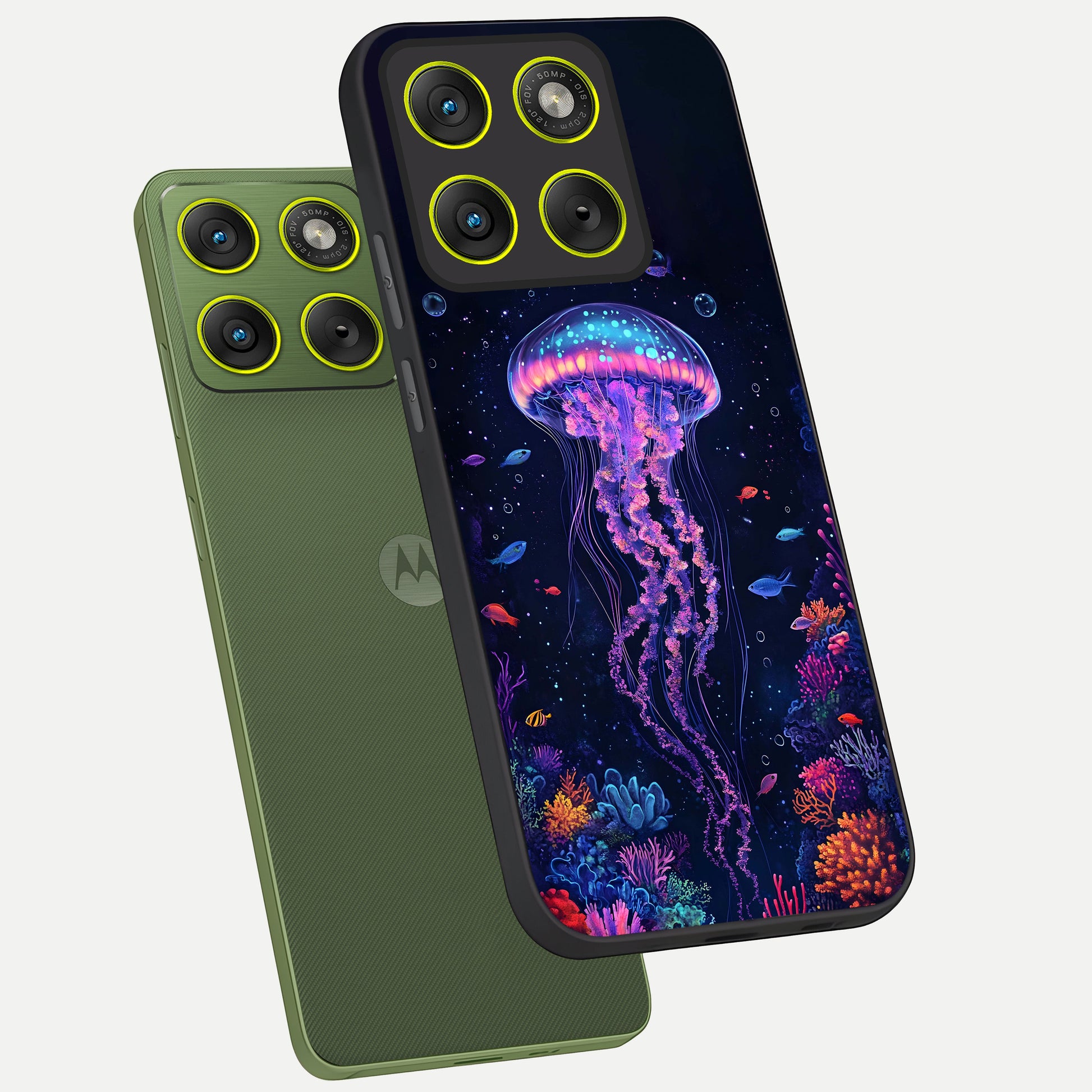  Neon Jellyfish phone case For Moto Edge 70 showing premium glass back cover with detailed artwork