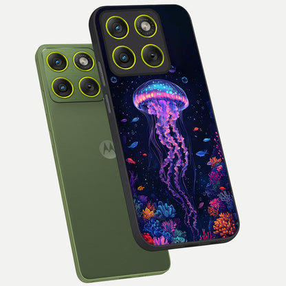  Neon Jellyfish phone case For Moto Edge 70 showing premium glass back cover with detailed artwork