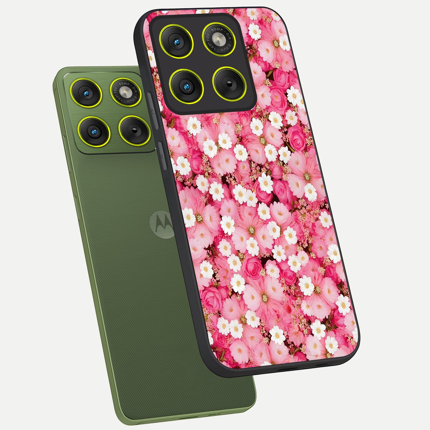  Pink Daisy Bliss phone case For Moto Edge 70 showing premium glass back cover with detailed artwork