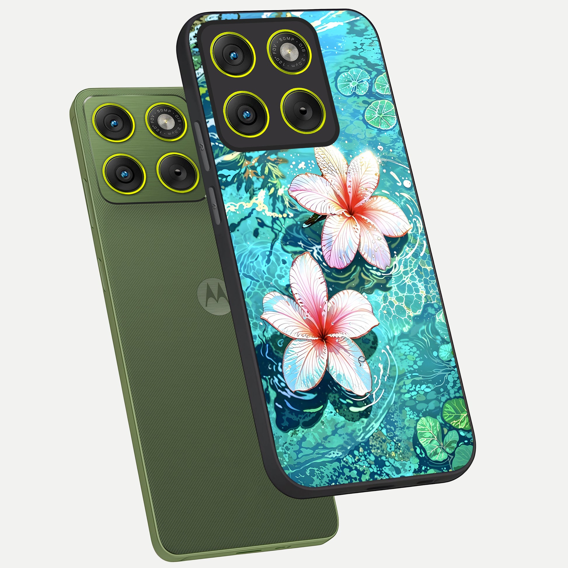  Pink Flowers in Water phone case For Moto Edge 70 showing premium glass back cover with detailed artwork