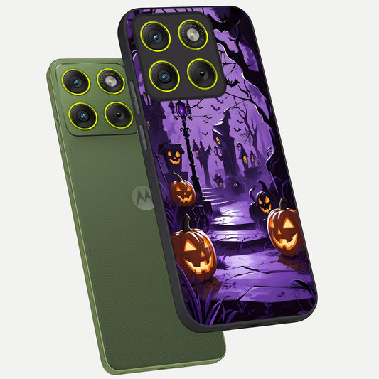  Pumpkin Patch Halloween phone case For Moto Edge 70 showing premium glass back cover with detailed artwork