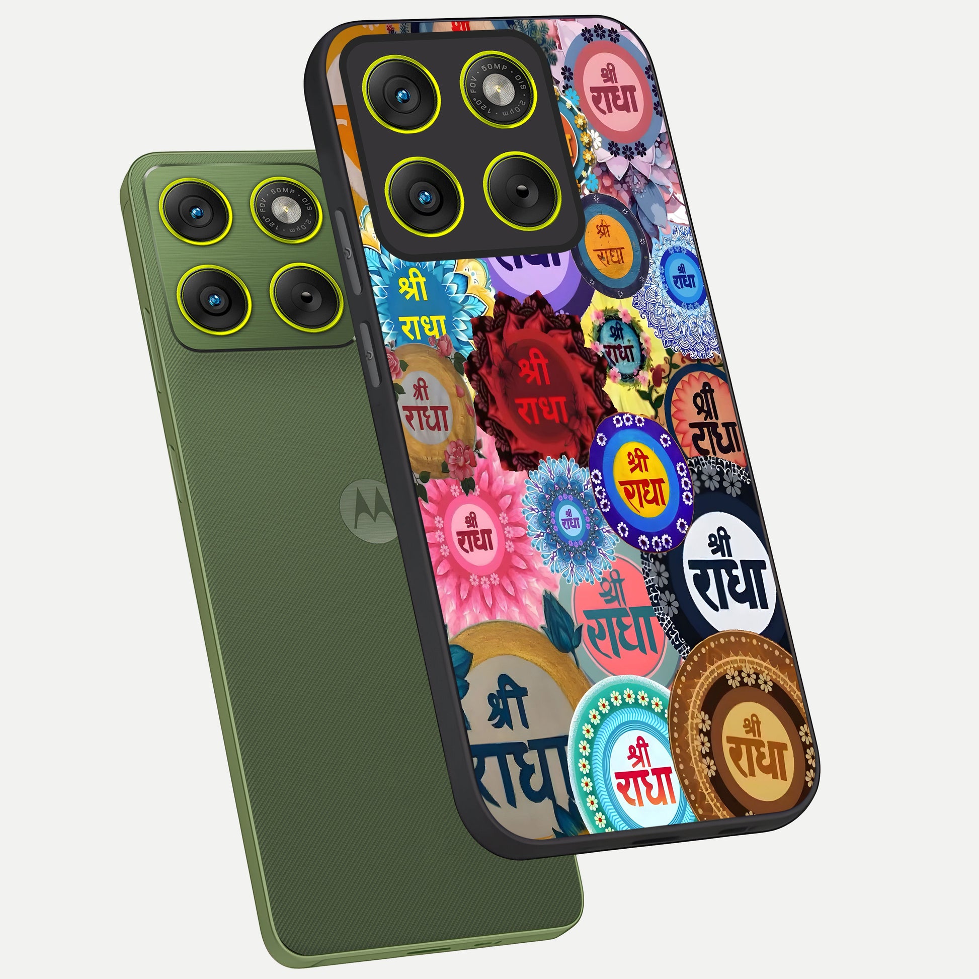 Radha Divine Bloom phone case For Moto Edge 70 showing premium glass back cover with detailed artwork