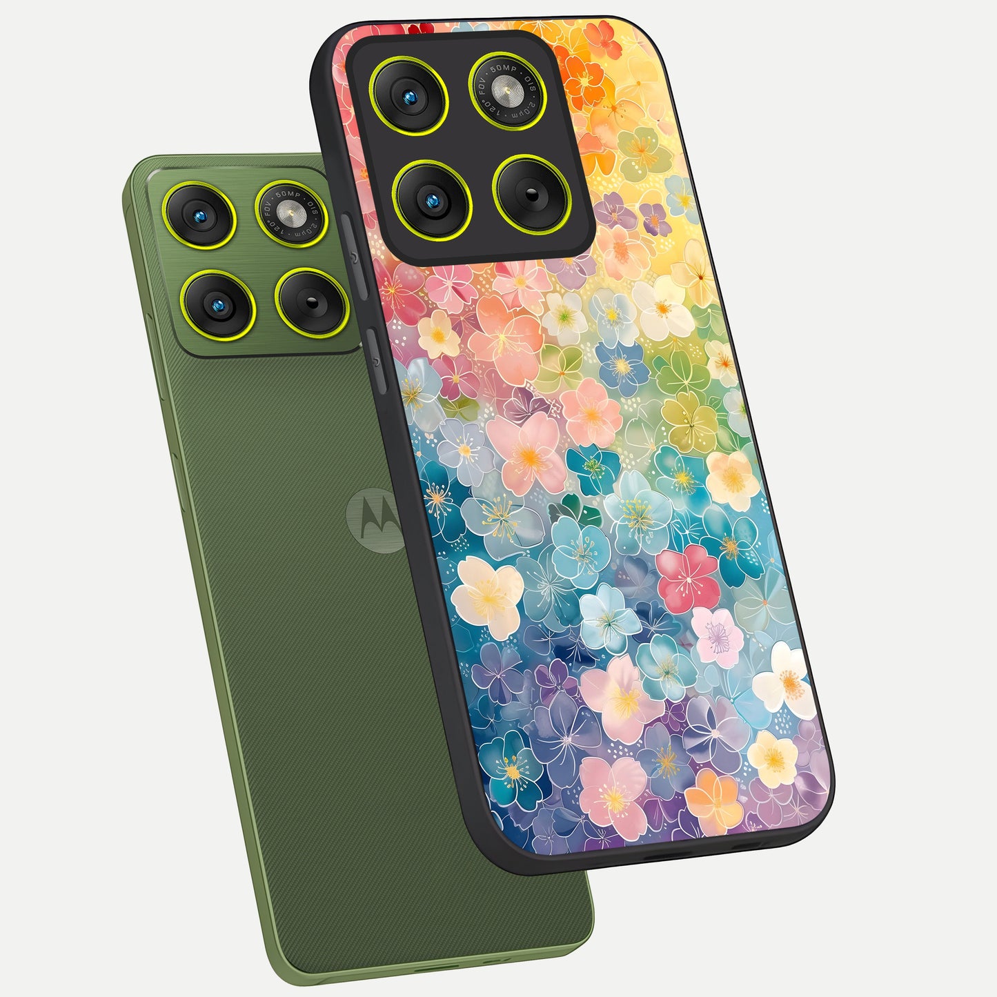  Rainbow Blossom Burst phone case For Moto Edge 70 showing premium glass back cover with detailed artwork