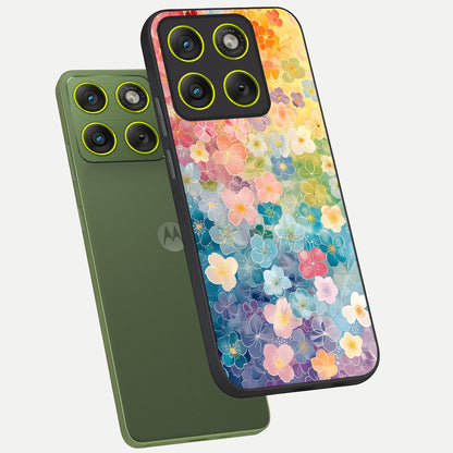  Rainbow Blossom Burst phone case For Moto Edge 70 showing premium glass back cover with detailed artwork