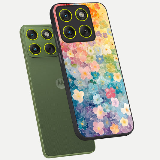 Rainbow Blossom Burst phone case For Moto Edge 70 showing premium glass back cover with detailed artwork