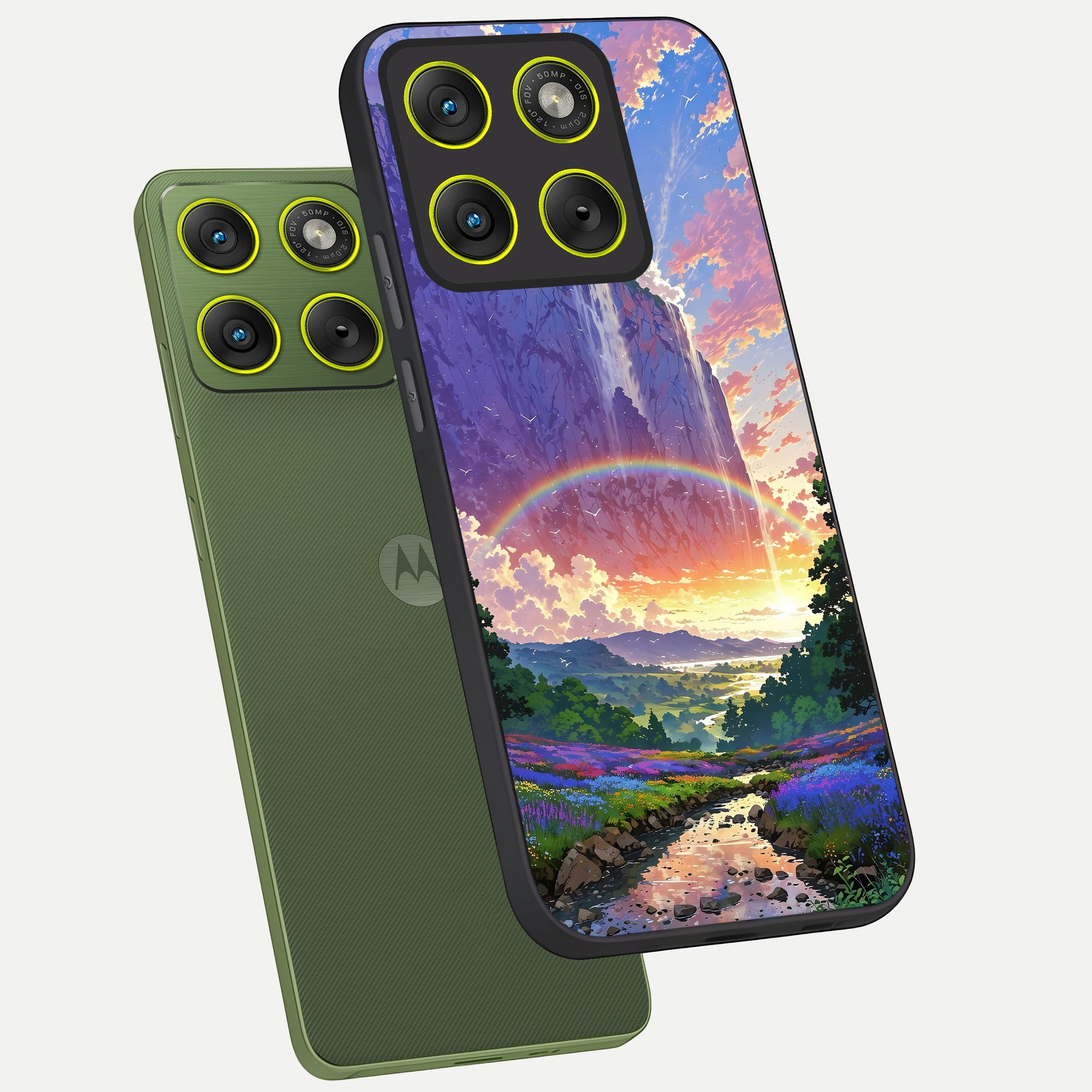  Rainbow Valley Dream phone case For Moto Edge 70 showing premium glass back cover with detailed artwork