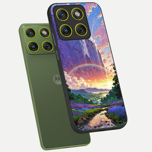  Rainbow Valley Dream phone case For Moto Edge 70 showing premium glass back cover with detailed artwork
