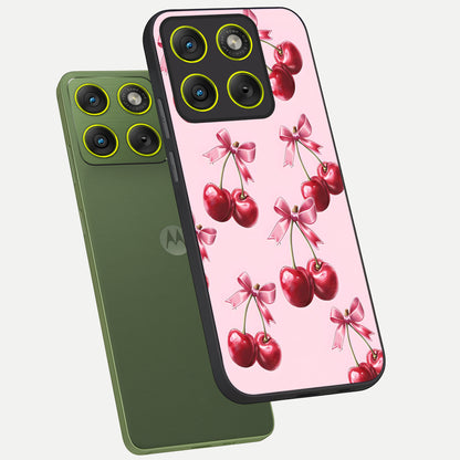  Red Cherries Pattern phone case For Moto Edge 70 showing premium glass back cover with detailed artwork