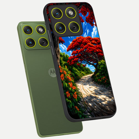  Red Trees Pathway phone case For Moto Edge 70 showing premium glass back cover with detailed artwork