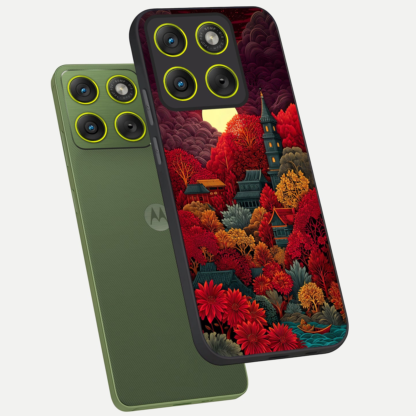  Scarlet Autumn Temple phone case For Moto Edge 70 showing premium glass back cover with detailed artwork