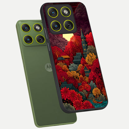  Scarlet Autumn Temple phone case For Moto Edge 70 showing premium glass back cover with detailed artwork