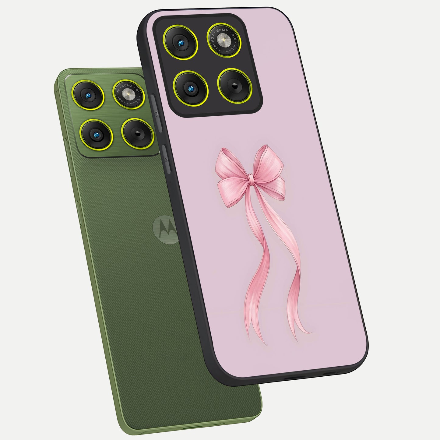  Soft Blush Bow phone case For Moto Edge 70 showing premium glass back cover with detailed artwork