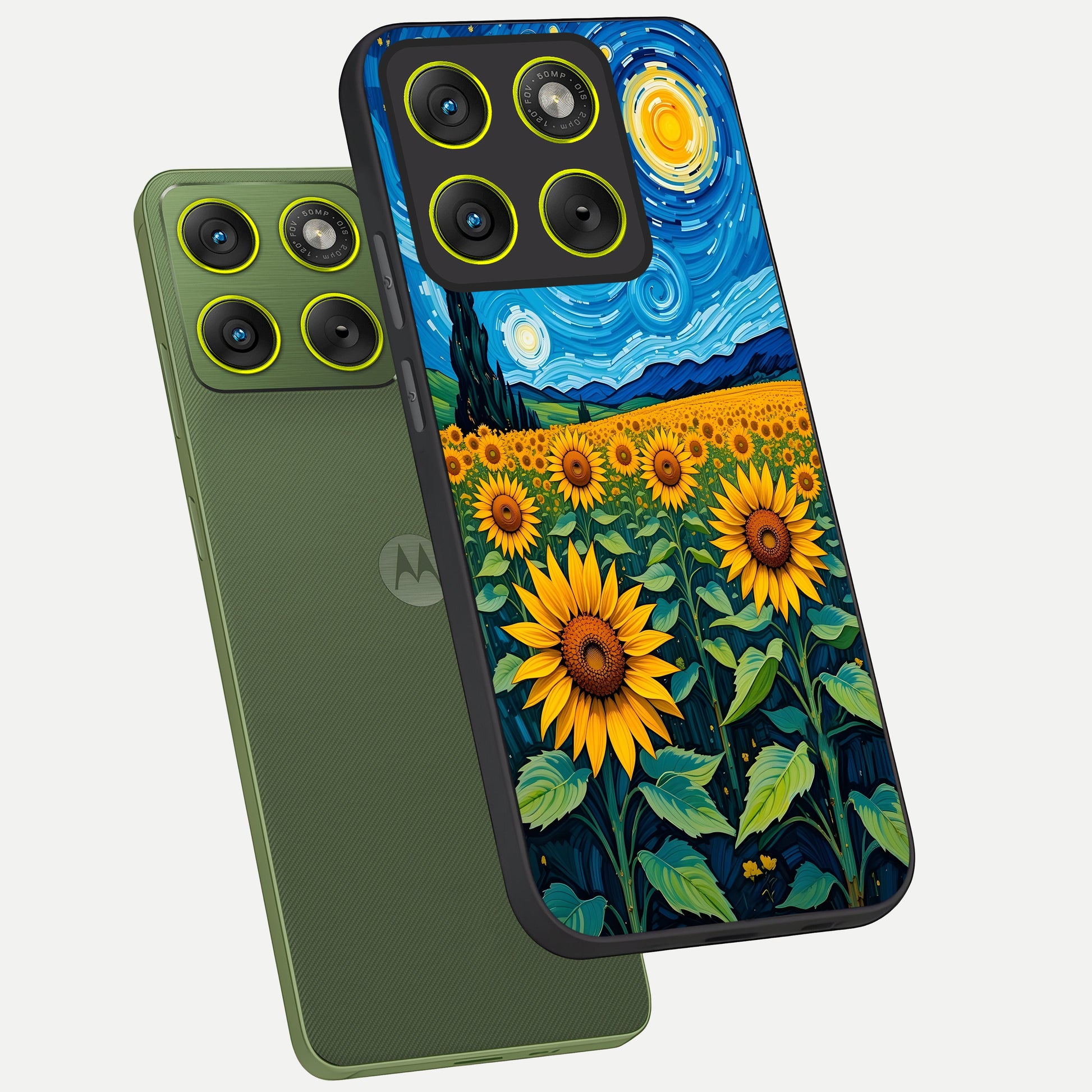  Starry Sunflower Dreams phone case For Moto Edge 70 showing premium glass back cover with detailed artwork