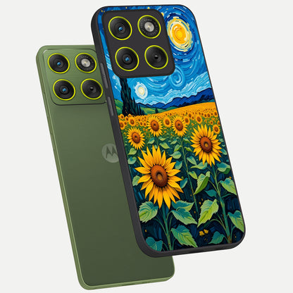  Starry Sunflower Dreams phone case For Moto Edge 70 showing premium glass back cover with detailed artwork