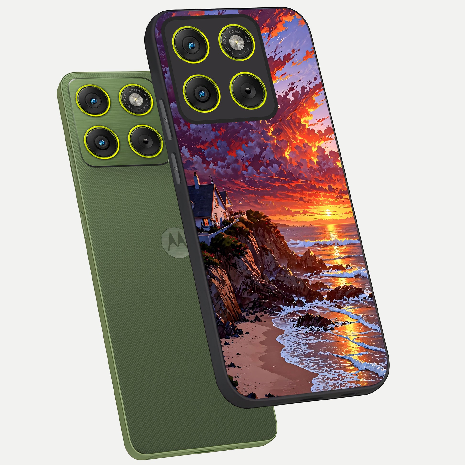  Sunset House By Sea phone case For Moto Edge 70 showing premium glass back cover with detailed artwork