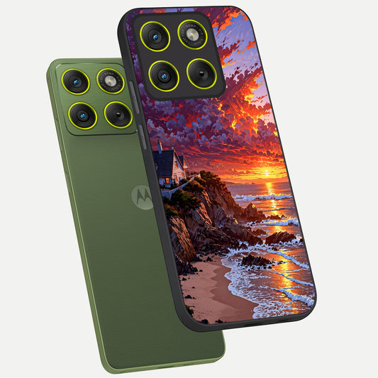  Sunset House By Sea phone case For Moto Edge 70 showing premium glass back cover with detailed artwork