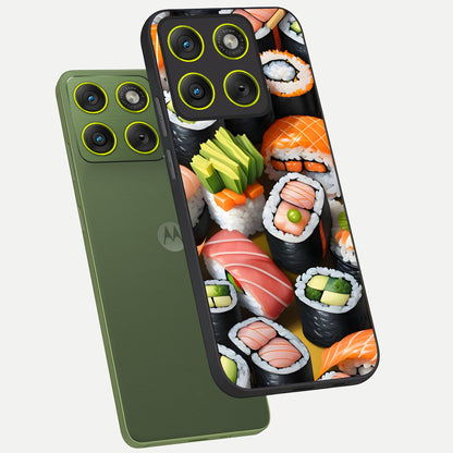  Sushi Food Pattern phone case For Moto Edge 70 showing premium glass back cover with detailed artwork