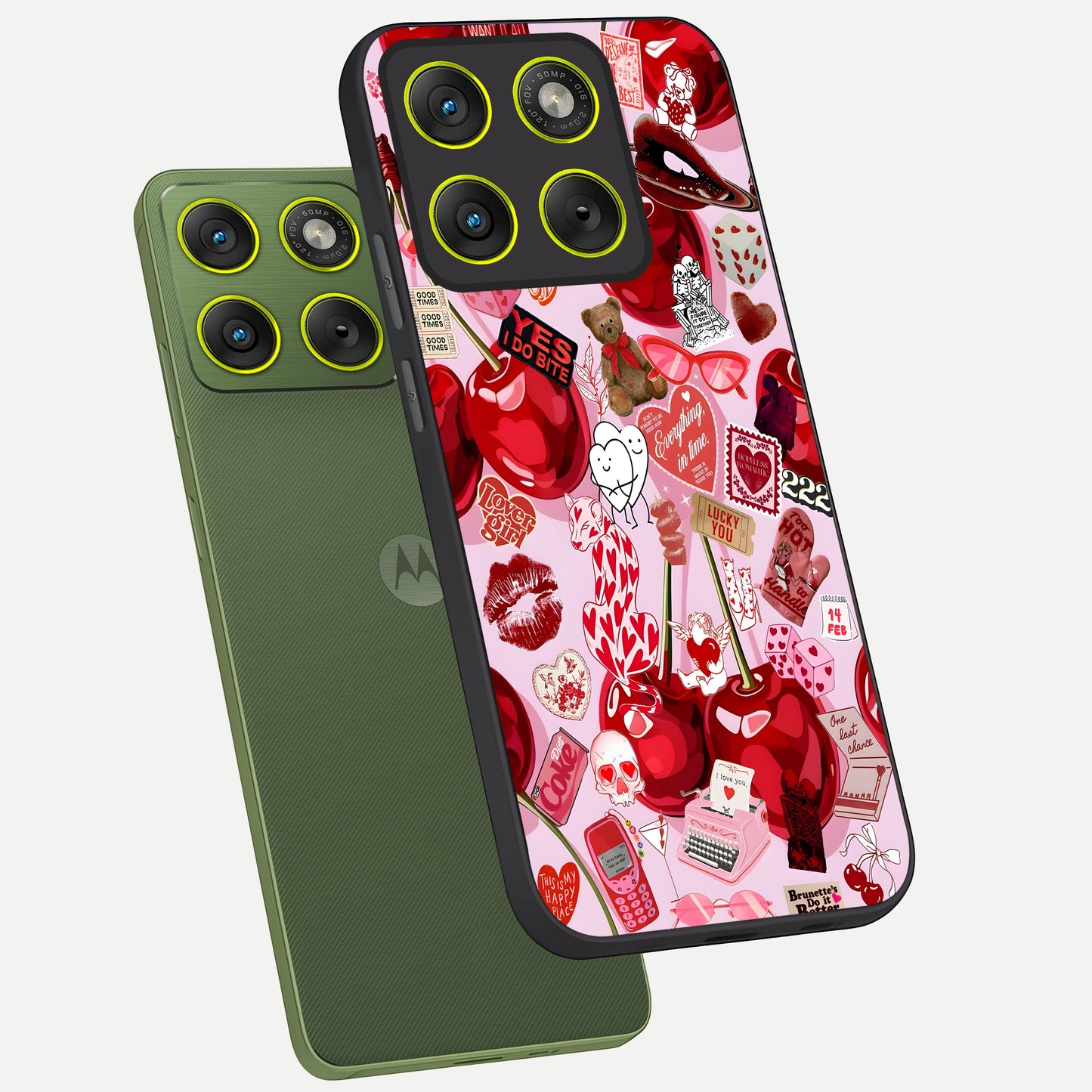  Sweet Cherry Chaos phone case For Moto Edge 70 showing premium glass back cover with detailed artwork