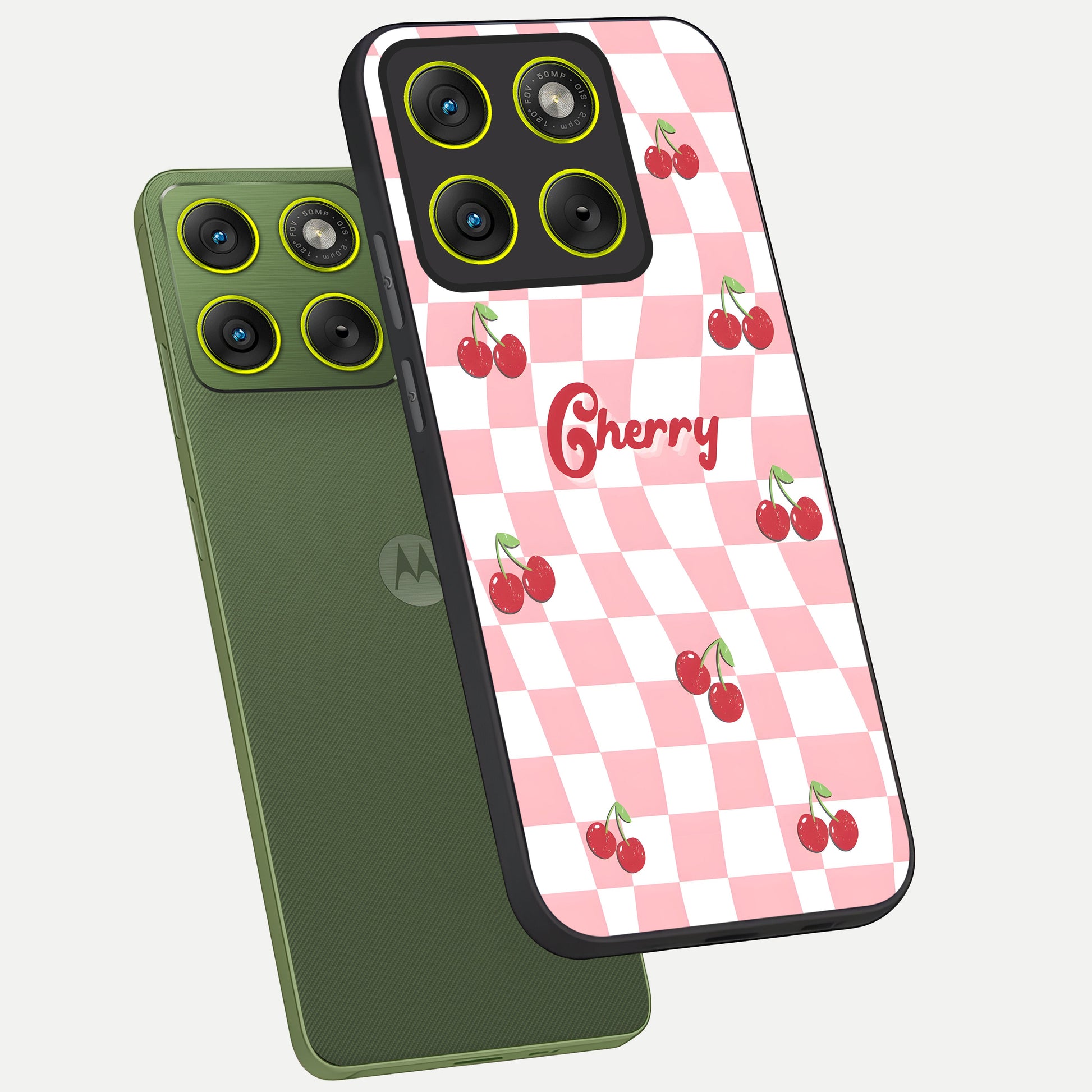  Sweet Cherry Vibes phone case For Moto Edge 70 showing premium glass back cover with detailed artwork