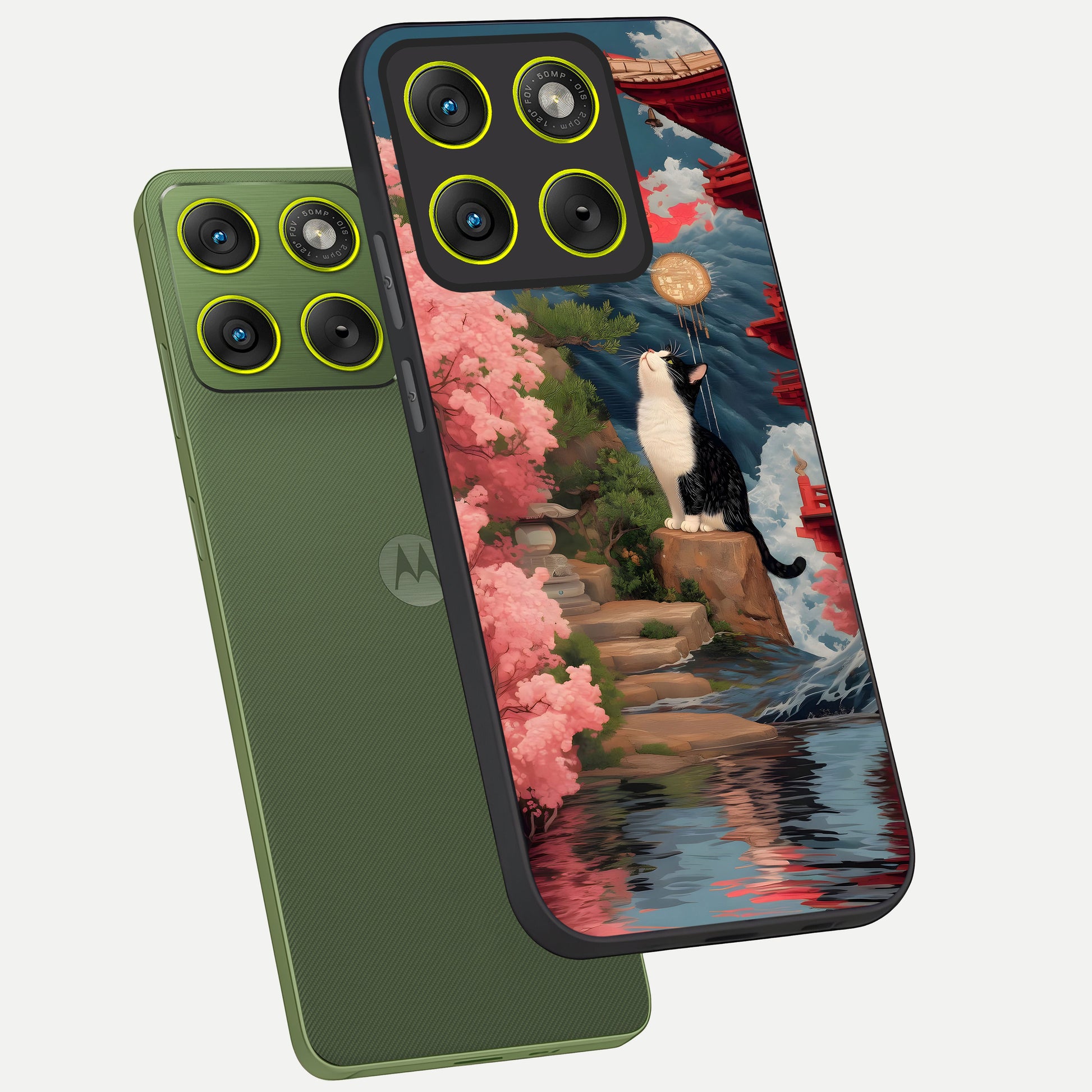  Temple Cat Scenery phone case For Moto Edge 70 showing premium glass back cover with detailed artwork