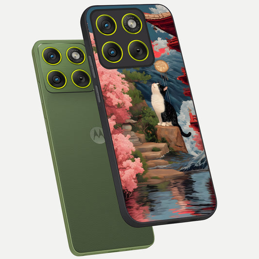  Temple Cat Scenery phone case For Moto Edge 70 showing premium glass back cover with detailed artwork