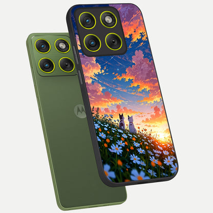  Two Cats Friends phone case For Moto Edge 70 showing premium glass back cover with detailed artwork