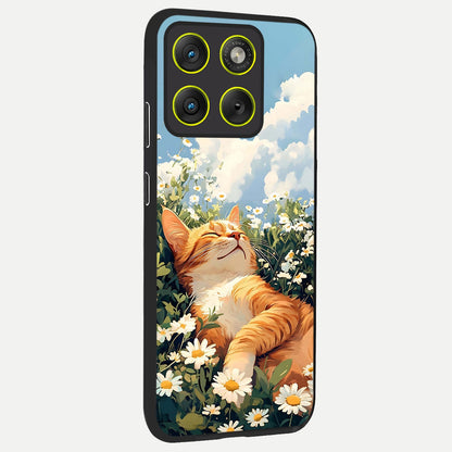  Cat And Flowers View back cover For Moto Edge 70 slim fit glass case with vibrant aesthetic design