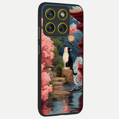  Temple Cat Scenery back cover For Moto Edge 70 slim fit glass case with vibrant aesthetic design
