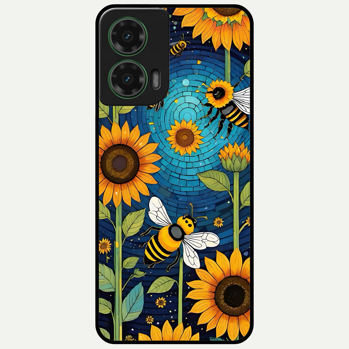  Bees And Sunflowers Glass Case For Moto G35 back cover – full design glossy printed glass finish
