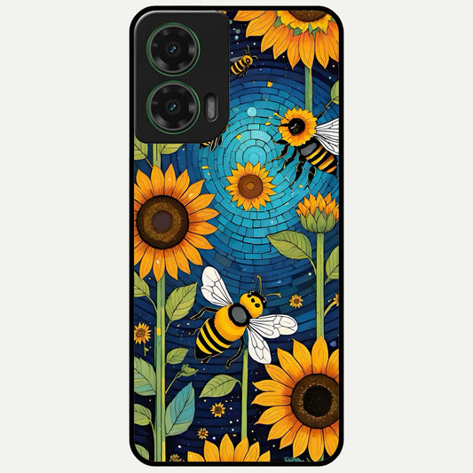  Bees And Sunflowers Glass Case For Moto G35 back cover – full design glossy printed glass finish