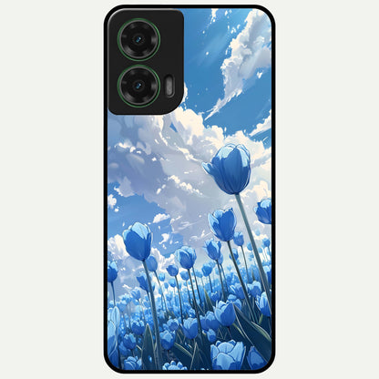  Blue Tulip Clouds Glass Case For Moto G35 back cover – full design glossy printed glass finish