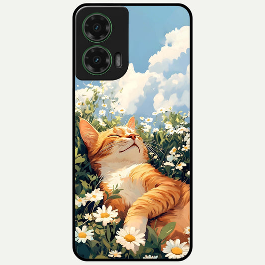  Cat And Flowers View Glass Case For Moto G35 back cover – full design glossy printed glass finish