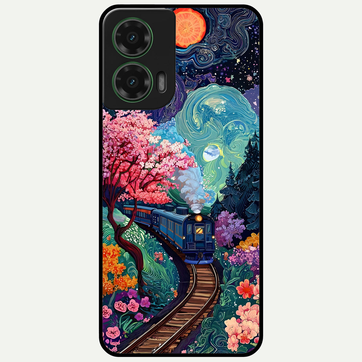  Celestial Train Journey Glass Case For Moto G35 back cover – full design glossy printed glass finish