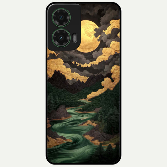  Golden River Moon Glass Case For Moto G35 back cover – full design glossy printed glass finish