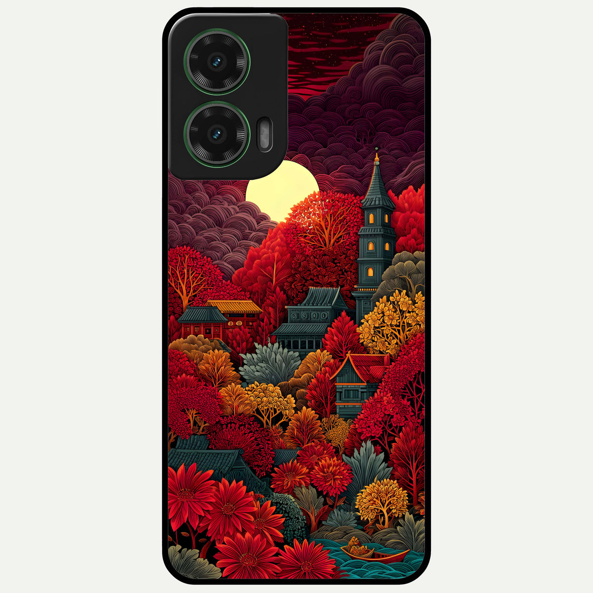  Scarlet Autumn Temple Glass Case For Moto G35 back cover – full design glossy printed glass finish